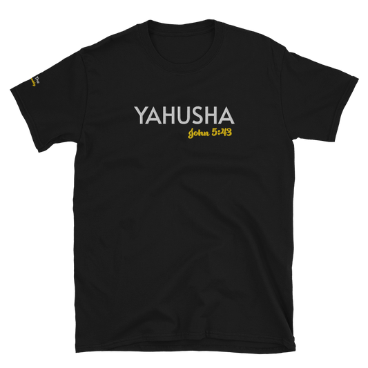 Black/Navy/Dark Heather Unisex Yahusha John 5:43 T-Shirt