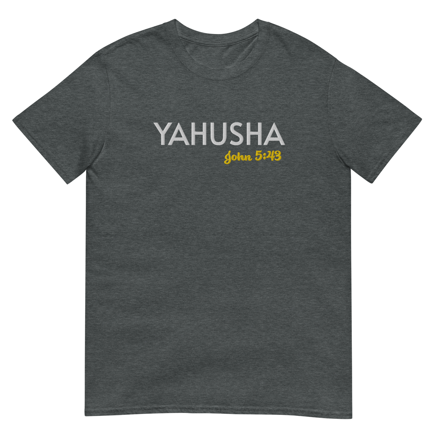 Black/Navy/Dark Heather Unisex Yahusha John 5:43 T-Shirt