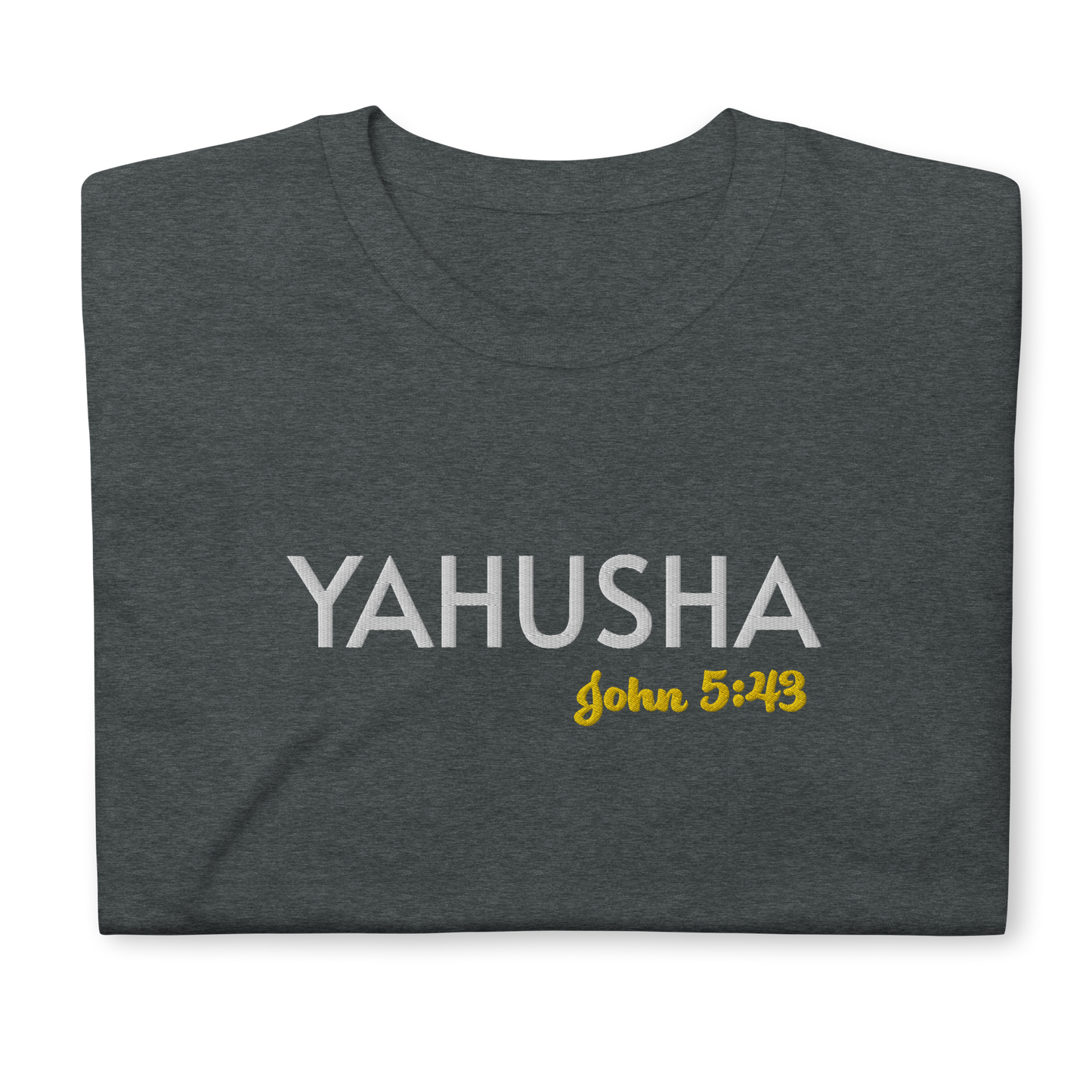 Black/Navy/Dark Heather Unisex Yahusha John 5:43 T-Shirt