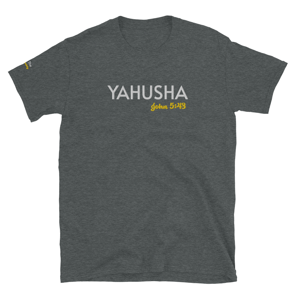 Black/Navy/Dark Heather Unisex Yahusha John 5:43 T-Shirt