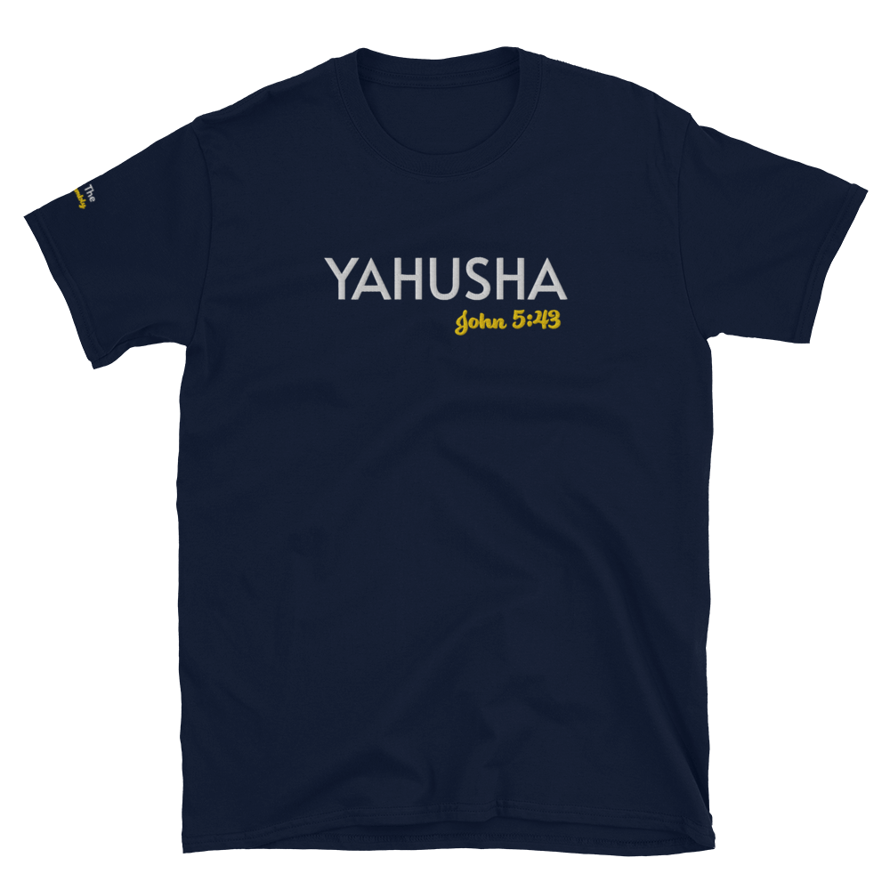 Black/Navy/Dark Heather Unisex Yahusha John 5:43 T-Shirt